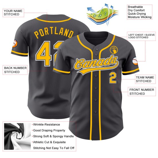 Maillot de baseball gris authentique personnalisé en acier doré et blanc Maillot de baseball gris authentique personnalisé en acier doré et blanc