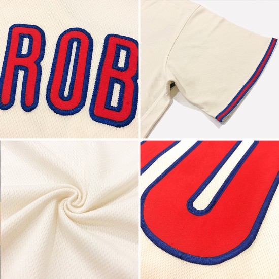 Maillot de baseball authentique en jersey côtelé orange-royal personnalisé crème rétro Maillot de baseball authentique en jersey côtelé orange-royal personnalisé crème rétro