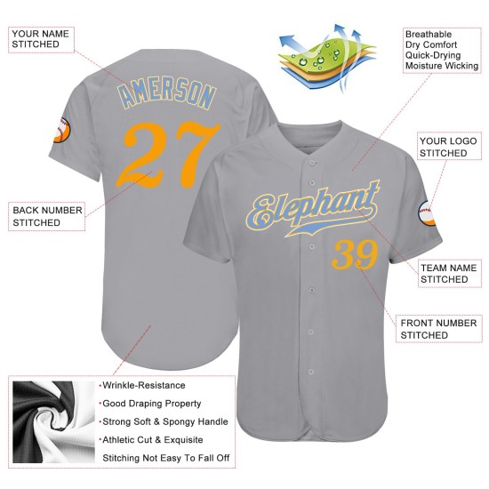 Maillot de baseball personnalisé gris bleu clair et doré Maillot de baseball personnalisé gris bleu clair et doré