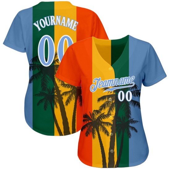 Maillot de baseball personnalisé bleu coco et blanc motif 3D arbres léger authentique motif vert hawaïen Kelly Maillot de baseball personnalisé bleu coco et blanc motif 3D arbres léger authentique motif vert hawaïen Kelly