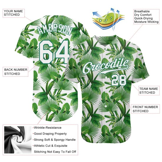 Maillot de baseball Palm 3D Kelly, design authentique, motif personnalisé, feuilles tropicales, vert, blanc-Kelly Maillot de baseball Palm 3D Kelly, design authentique, motif personnalisé, feuilles tropicales, vert, blanc-Kelly