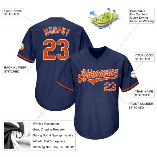 Maillot de baseball authentique, personnalisé, bleu marine, côtelé, rétro, orange et blanc Maillot de baseball authentique, personnalisé, bleu marine, côtelé, rétro, orange et blanc