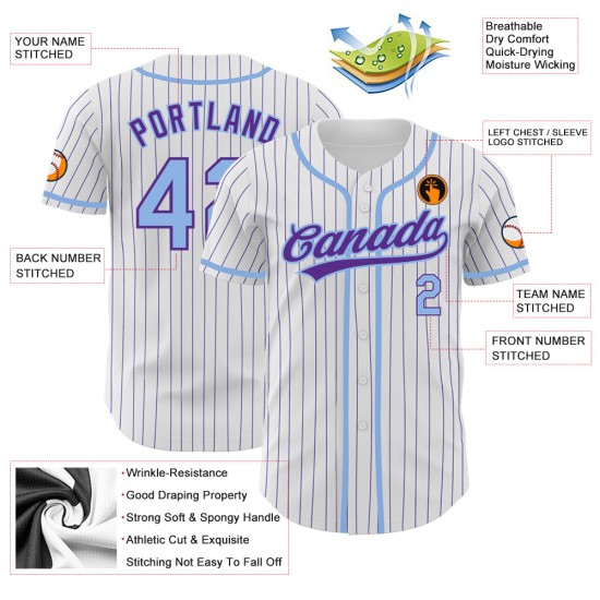 Maillot de baseball personnalisé à rayures fines violet blanc bleu clair authentique Maillot de baseball personnalisé à rayures fines violet blanc bleu clair authentique