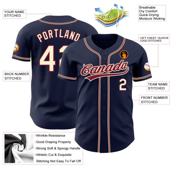 Maillot de baseball personnalisé authentique bleu marine City crème-cramoisi Maillot de baseball personnalisé authentique bleu marine City crème-cramoisi