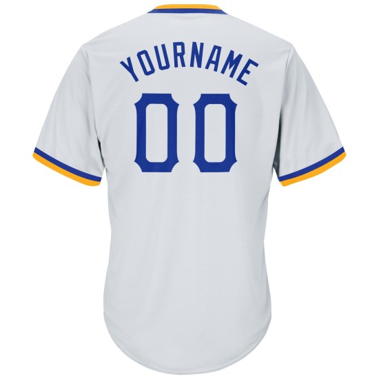 Maillot de baseball authentique et personnalisé, blanc, royal et doré, en jersey côtelé Maillot de baseball authentique et personnalisé, blanc, royal et doré, en jersey côtelé