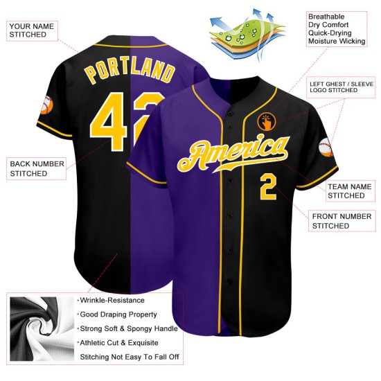 Maillot de baseball personnalisé noir, authentique et tendance, couleur or et violet Maillot de baseball personnalisé noir, authentique et tendance, couleur or et violet
