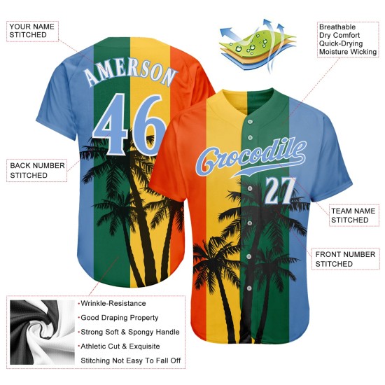 Maillot de baseball personnalisé bleu coco et blanc motif 3D arbres léger authentique motif vert hawaïen Kelly Maillot de baseball personnalisé bleu coco et blanc motif 3D arbres léger authentique motif vert hawaïen Kelly