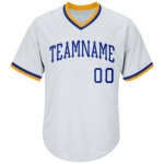 Maillot de baseball authentique et personnalisé, blanc, royal et doré, en jersey côtelé Maillot de baseball authentique et personnalisé, blanc, royal et doré, en jersey côtelé