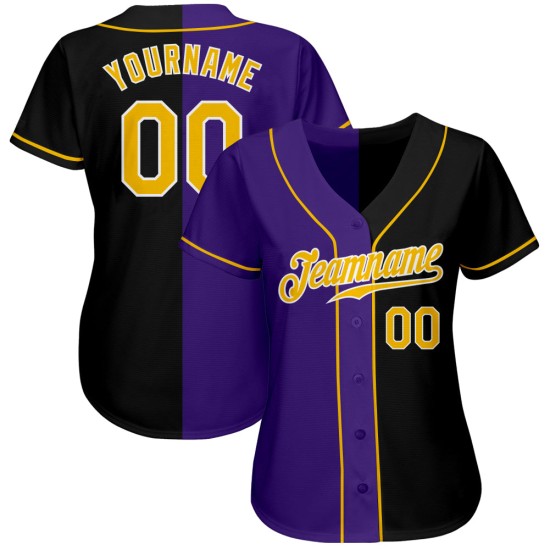 Maillot de baseball personnalisé noir, authentique et tendance, couleur or et violet Maillot de baseball personnalisé noir, authentique et tendance, couleur or et violet