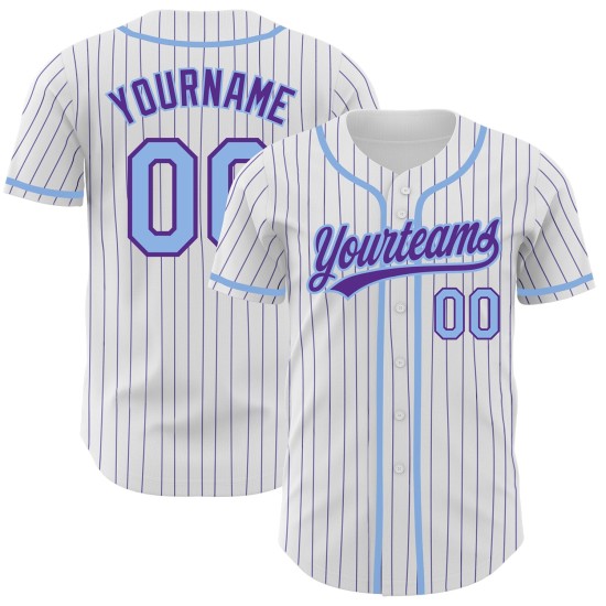 Maillot de baseball personnalisé à rayures fines violet blanc bleu clair authentique Maillot de baseball personnalisé à rayures fines violet blanc bleu clair authentique