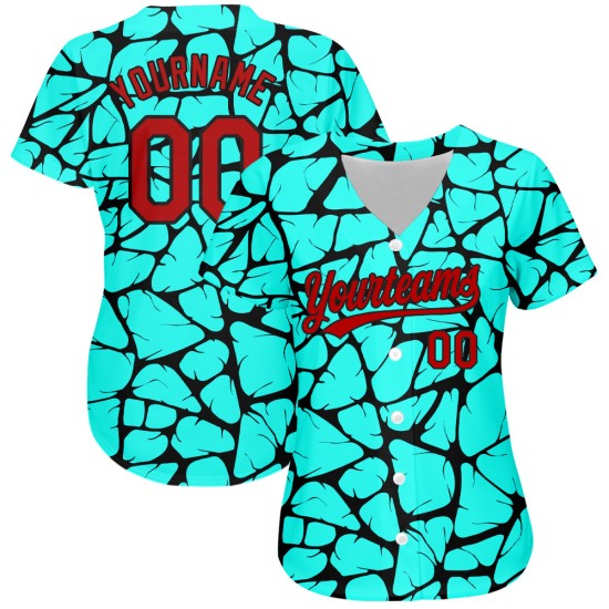 Maillot de baseball authentique rouge-noir 3D personnalisé avec motif bleu sarcelle Maillot de baseball authentique rouge-noir 3D personnalisé avec motif bleu sarcelle