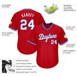Maillot de baseball personnalisé en tricot côtelé rouge, blanc et bleu roi, authentique et rétro Maillot de baseball personnalisé en tricot côtelé rouge, blanc et bleu roi, authentique et rétro