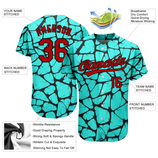 Maillot de baseball authentique rouge-noir 3D personnalisé avec motif bleu sarcelle Maillot de baseball authentique rouge-noir 3D personnalisé avec motif bleu sarcelle