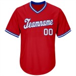 Maillot de baseball personnalisé en tricot côtelé rouge, blanc et bleu roi, authentique et rétro Maillot de baseball personnalisé en tricot côtelé rouge, blanc et bleu roi, authentique et rétro