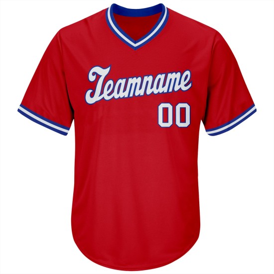 Maillot de baseball personnalisé en tricot côtelé rouge, blanc et bleu roi, authentique et rétro Maillot de baseball personnalisé en tricot côtelé rouge, blanc et bleu roi, authentique et rétro