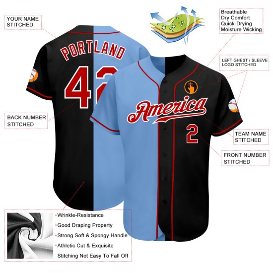Maillot de baseball bleu fendu noir personnalisé rouge-lumière authentique à la mode Maillot de baseball bleu fendu noir personnalisé rouge-lumière authentique à la mode