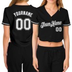 Maillot de baseball court personnalisé en jersey noir à col en V pour femme, blanc et gris Maillot de baseball court personnalisé en jersey noir à col en V pour femme, blanc et gris