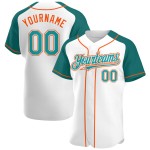 Maillot de baseball authentique bleu sarcelle-orange à manches raglan blanches Maillot de baseball authentique bleu sarcelle-orange à manches raglan blanches