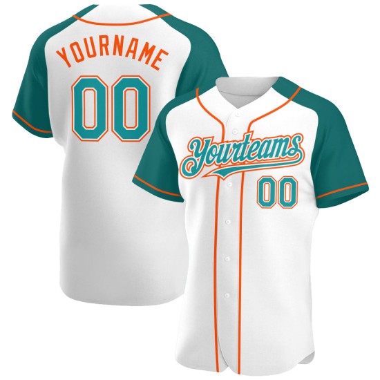 Maillot de baseball authentique bleu sarcelle-orange à manches raglan blanches Maillot de baseball authentique bleu sarcelle-orange à manches raglan blanches
