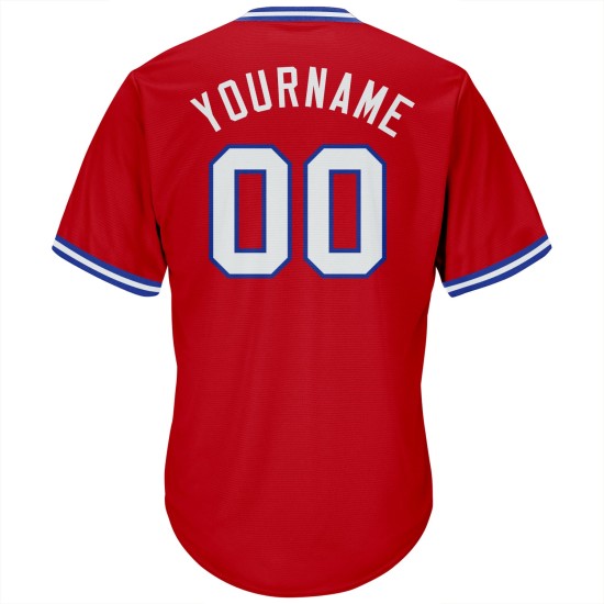 Maillot de baseball personnalisé en tricot côtelé rouge, blanc et bleu roi, authentique et rétro Maillot de baseball personnalisé en tricot côtelé rouge, blanc et bleu roi, authentique et rétro
