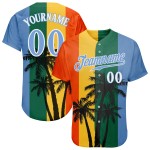 Maillot de baseball personnalisé bleu coco et blanc motif 3D arbres léger authentique motif vert hawaïen Kelly Maillot de baseball personnalisé bleu coco et blanc motif 3D arbres léger authentique motif vert hawaïen Kelly