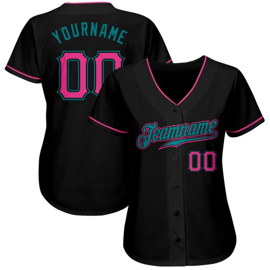 Maillot de baseball noir authentique, rose et bleu sarcelle, personnalisé Maillot de baseball noir authentique, rose et bleu sarcelle, personnalisé