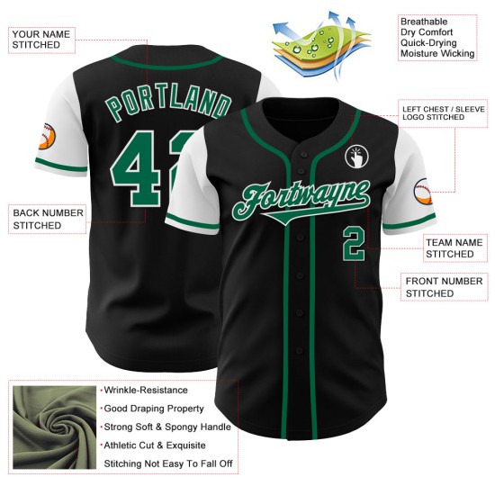 Maillot de baseball Kelly authentique noir, vert et blanc, personnalisé, bicolore Maillot de baseball Kelly authentique noir, vert et blanc, personnalisé, bicolore