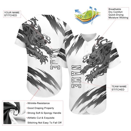 Maillot de baseball personnalisé authentique Wolf blanc-noir 3D blanc Maillot de baseball personnalisé authentique Wolf blanc-noir 3D blanc
