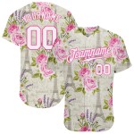 Maillot de baseball 3D motif Tour Eiffel blanc floral blanc-rose authentique, design personnalisé Maillot de baseball 3D motif Tour Eiffel blanc floral blanc-rose authentique, design personnalisé