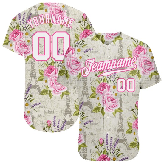 Maillot de baseball 3D motif Tour Eiffel blanc floral blanc-rose authentique, design personnalisé Maillot de baseball 3D motif Tour Eiffel blanc floral blanc-rose authentique, design personnalisé