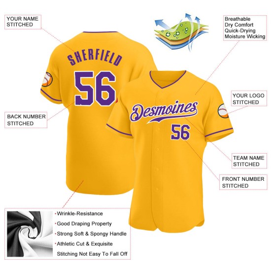 Maillot de baseball violet-blanc doré personnalisé authentique Maillot de baseball violet-blanc doré personnalisé authentique