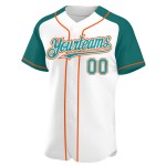 Maillot de baseball authentique bleu sarcelle-orange à manches raglan blanches Maillot de baseball authentique bleu sarcelle-orange à manches raglan blanches