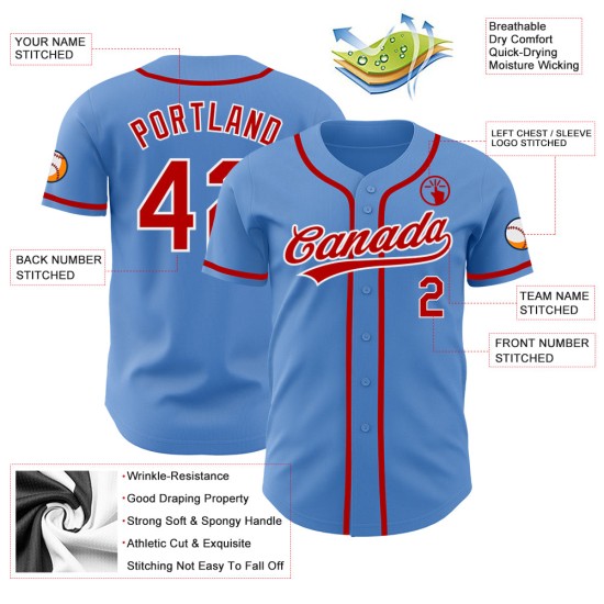 Maillot de baseball personnalisé authentique rouge-blanc bleu poudre Maillot de baseball personnalisé authentique rouge-blanc bleu poudre