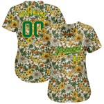 Maillot de baseball 3D personnalisé à motif blanc authentique Kelly vert-or avec fleurs Maillot de baseball 3D personnalisé à motif blanc authentique Kelly vert-or avec fleurs