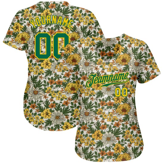 Maillot de baseball 3D personnalisé à motif blanc authentique Kelly vert-or avec fleurs Maillot de baseball 3D personnalisé à motif blanc authentique Kelly vert-or avec fleurs