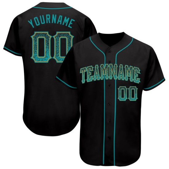 Maillot de baseball personnalisé Drift doré, noir sarcelle, authentique Maillot de baseball personnalisé Drift doré, noir sarcelle, authentique
