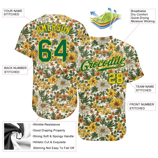 Maillot de baseball 3D personnalisé à motif blanc authentique Kelly vert-or avec fleurs Maillot de baseball 3D personnalisé à motif blanc authentique Kelly vert-or avec fleurs