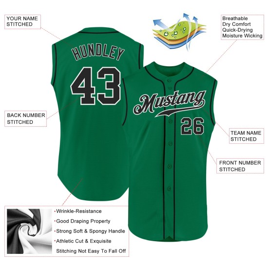 Maillot de baseball authentique noir et blanc Kelly personnalisé sans manches vert Maillot de baseball authentique noir et blanc Kelly personnalisé sans manches vert