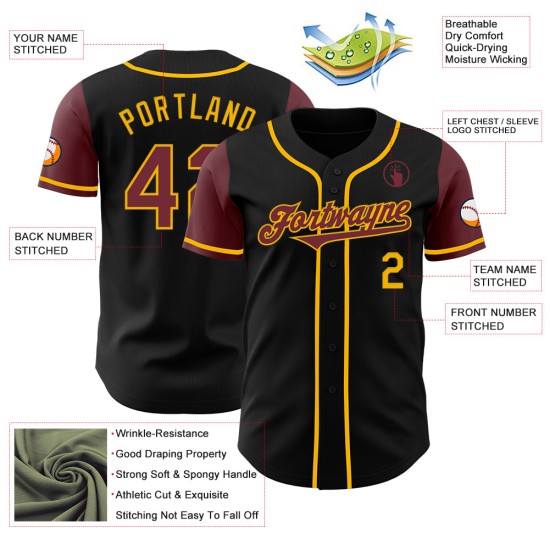 Maillot de baseball authentique bordeaux-doré, ton noir, deux pièces personnalisées Maillot de baseball authentique bordeaux-doré, ton noir, deux pièces personnalisées