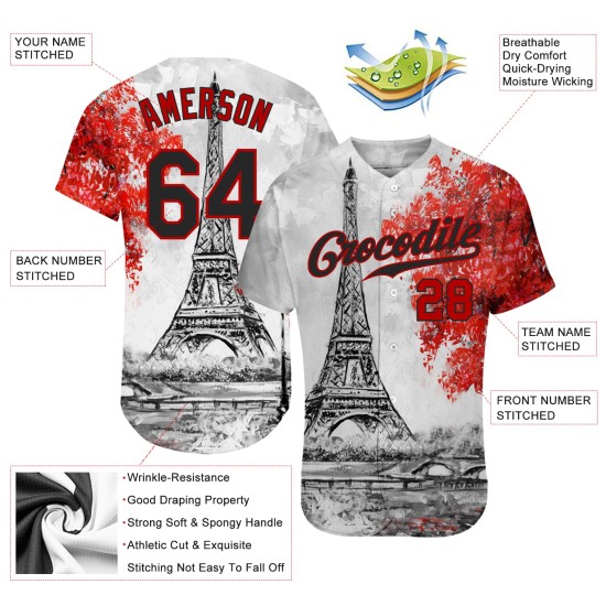 Maillot Tour Authentique Noir-Rouge Motif Personnalisé Design 3D Baseball Eiffel Blanc Maillot Tour Authentique Noir-Rouge Motif Personnalisé Design 3D Baseball Eiffel Blanc