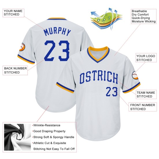 Maillot de baseball authentique et personnalisé, blanc, royal et doré, en jersey côtelé Maillot de baseball authentique et personnalisé, blanc, royal et doré, en jersey côtelé