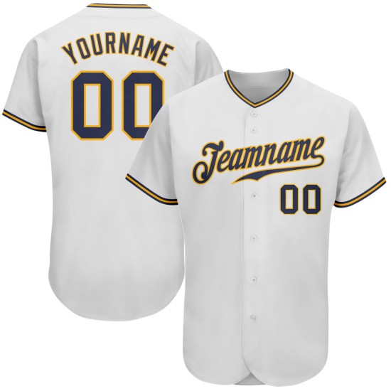 Maillot de baseball personnalisé bleu marine et blanc doré authentique Maillot de baseball personnalisé bleu marine et blanc doré authentique