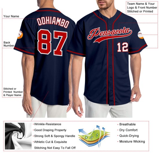 Maillot de baseball authentique personnalisé rouge-blanc bleu marine Maillot de baseball authentique personnalisé rouge-blanc bleu marine
