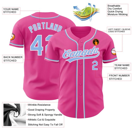 Maillot de baseball rose authentique bleu-blanc personnalisé Maillot de baseball rose authentique bleu-blanc personnalisé