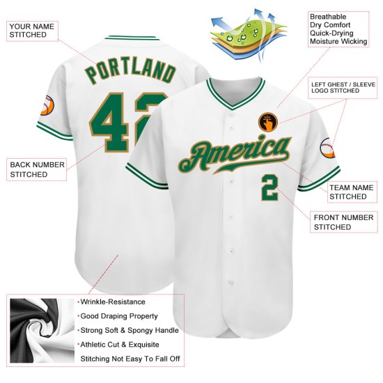 Maillot de baseball personnalisé Green-Old Kelly blanc doré authentique Maillot de baseball personnalisé Green-Old Kelly blanc doré authentique
