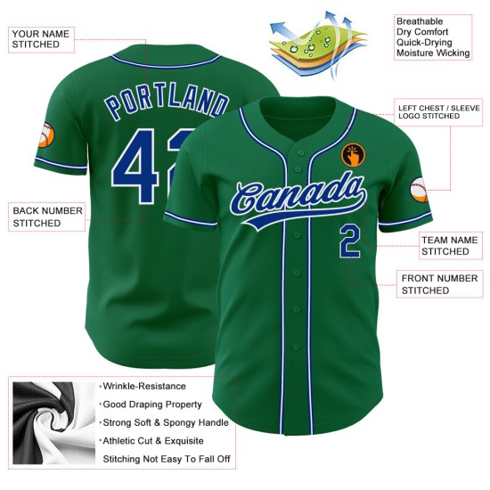 Maillot de baseball authentique Royal-White Green Kelly personnalisé Maillot de baseball authentique Royal-White Green Kelly personnalisé