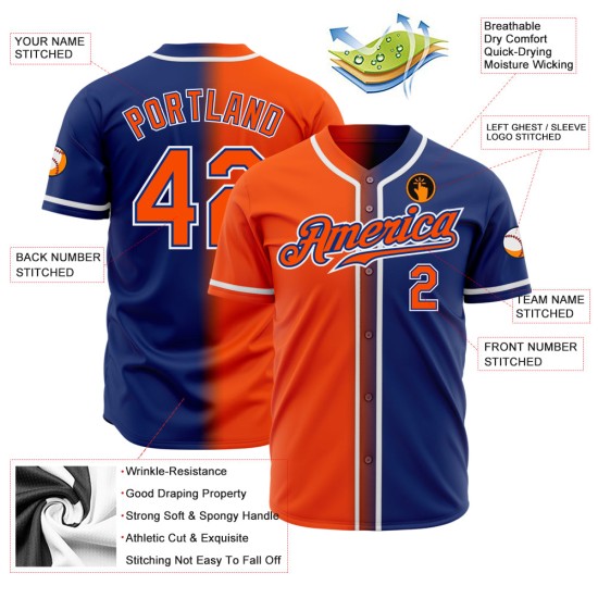 Maillot de baseball Royal personnalisé orange-blanc authentique mode dégradé Maillot de baseball Royal personnalisé orange-blanc authentique mode dégradé