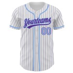 Maillot de baseball personnalisé à rayures fines violet blanc bleu clair authentique Maillot de baseball personnalisé à rayures fines violet blanc bleu clair authentique