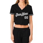 Maillot de baseball court personnalisé en jersey noir à col en V pour femme, blanc et gris Maillot de baseball court personnalisé en jersey noir à col en V pour femme, blanc et gris