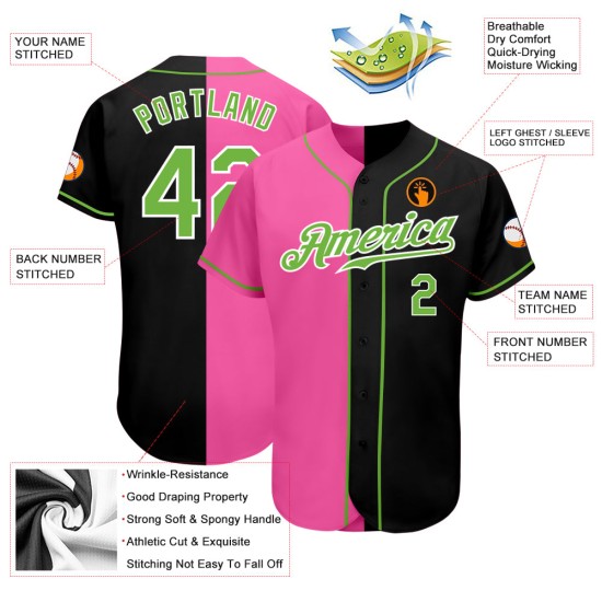Maillot de baseball personnalisé vert-rose noir à la mode, authentique et fluo Maillot de baseball personnalisé vert-rose noir à la mode, authentique et fluo